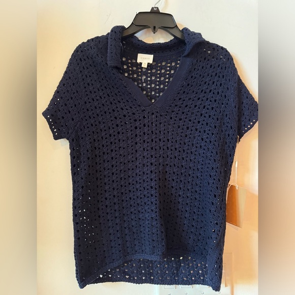 Cyrus Tops - Cyrus Knit Navy Collar Short Sleeve See Thru Top. Size M NWT